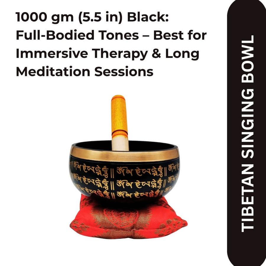 Meditation singing bowl with red cushion and striker, front view