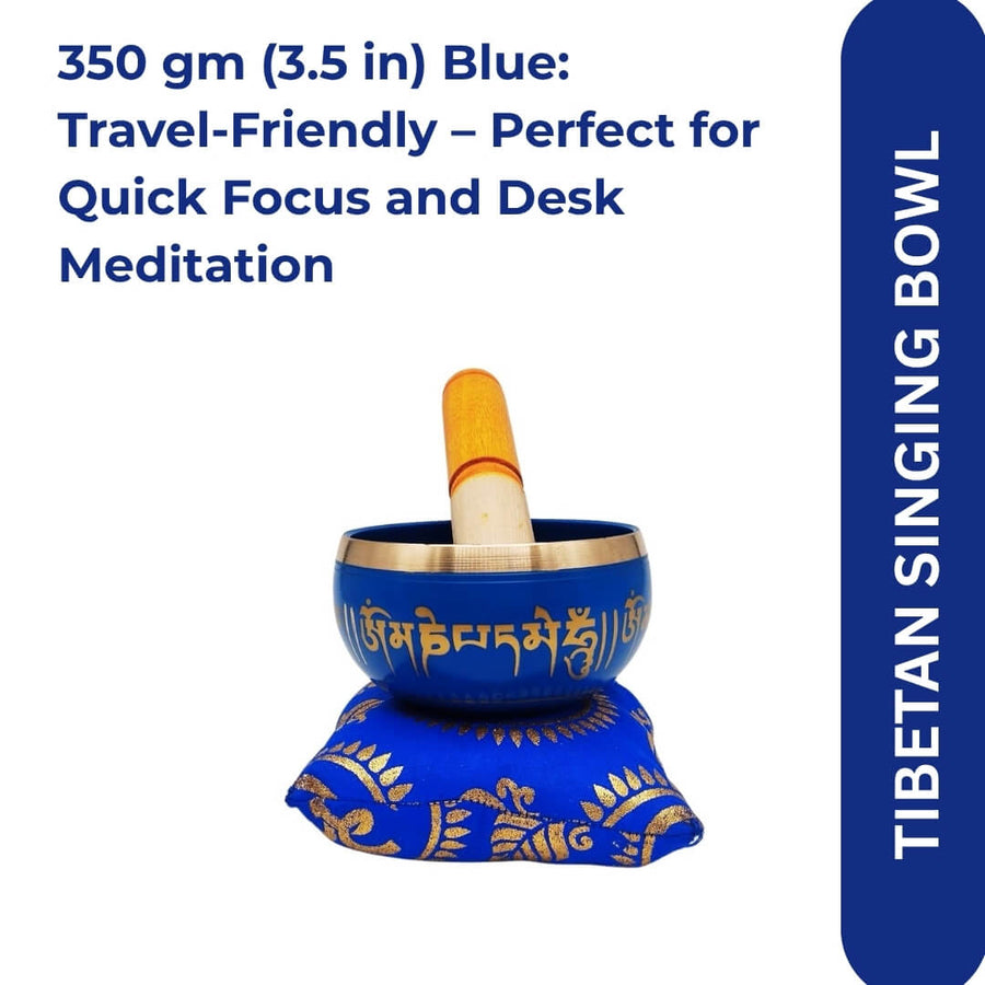Buddhist singing bowl with blue cushion and striker, front view