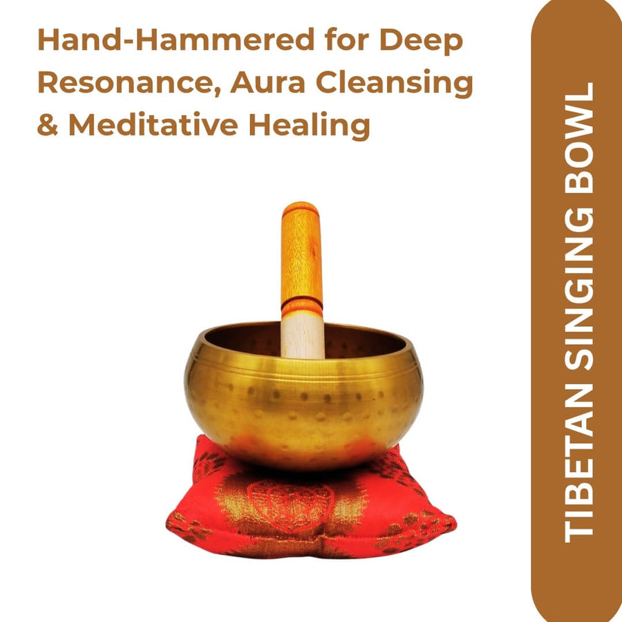 Singing sound bowl with red cushion and striker, front view