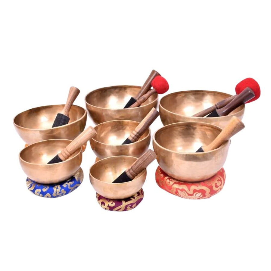 TUNED 7 CHAKRAS PROFESSIONAL TIBETAN SINGING BOWLS SET WITH ALIGNED NOTES