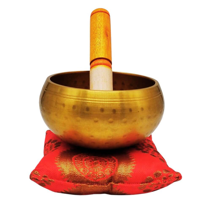 Singing Sound Bowl on red cushion with striker, front view